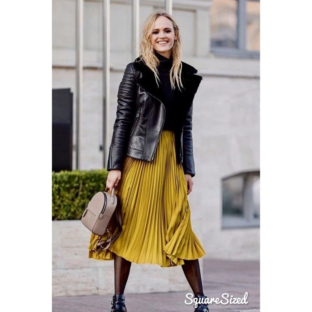 Pleated Chiffon Mustard Yellow Mid Calf Skirt